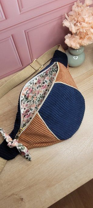 Sac banane velours bleu et marron