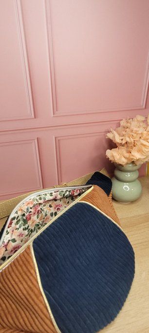 Sac banane velours bleu et marron