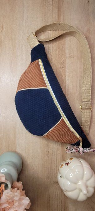 Sac banane velours bleu et marron