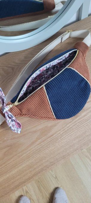 Sac banane velours bleu et marron